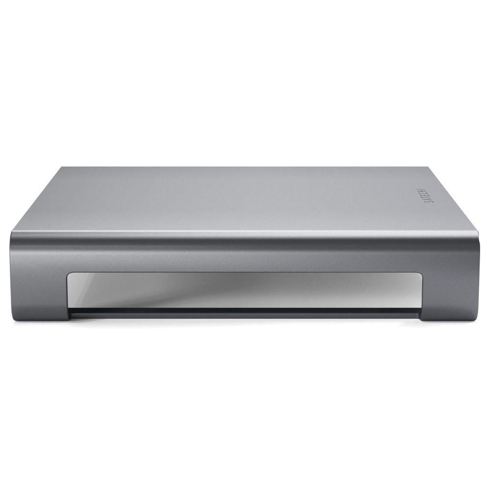 Aluminum monitor stand hub, space gray, front opening panel on raised base