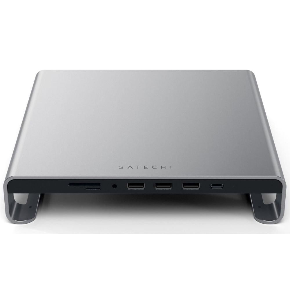Aluminum monitor stand hub, space gray, front ports on raised platform