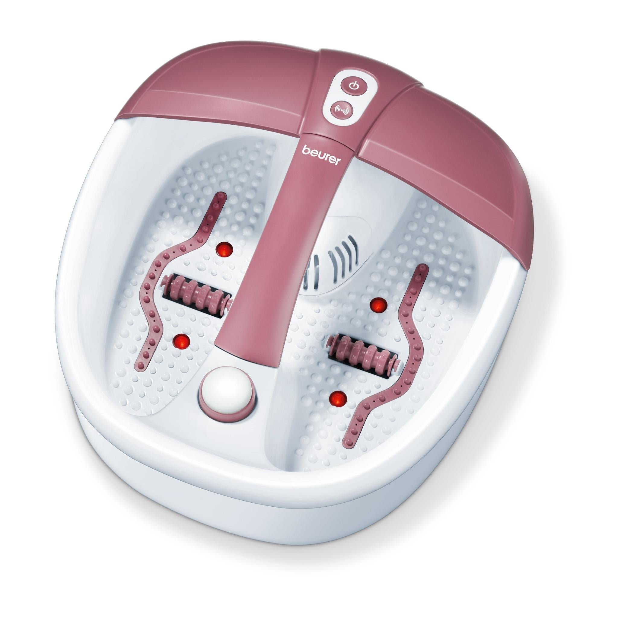 Pink foot spa with heat and vibration, white basin with massage rollers and control panel
