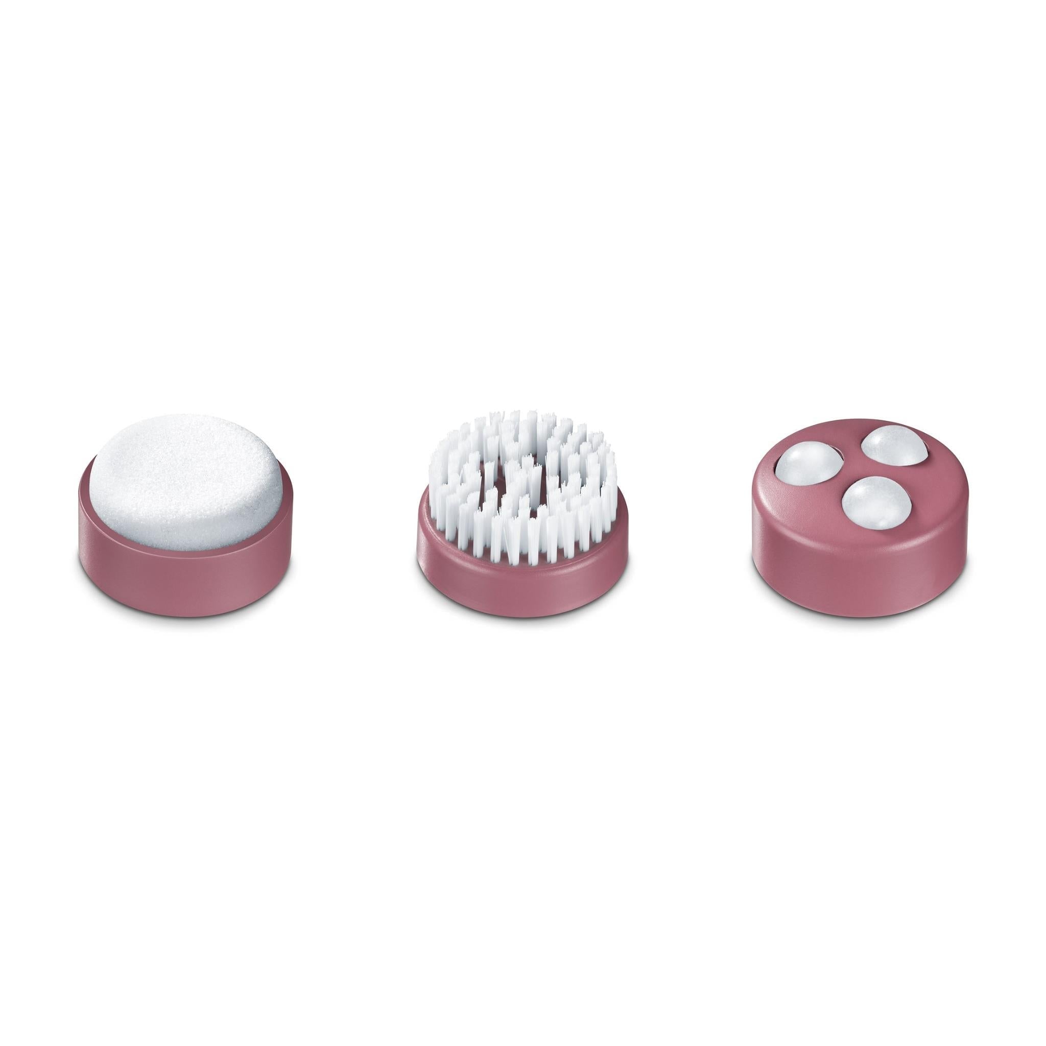 Three pink pedicure attachments: foam pad, brush head, and roller massager