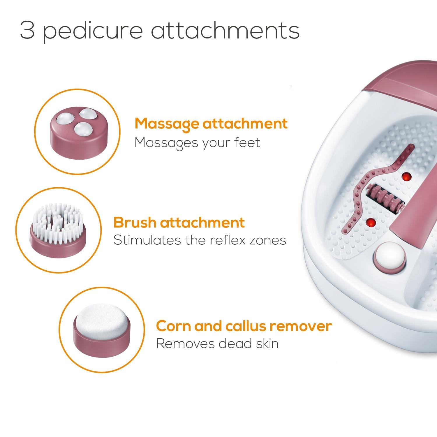 Foot spa with labeled pedicure attachments: massage, brush, and corn and callus remover