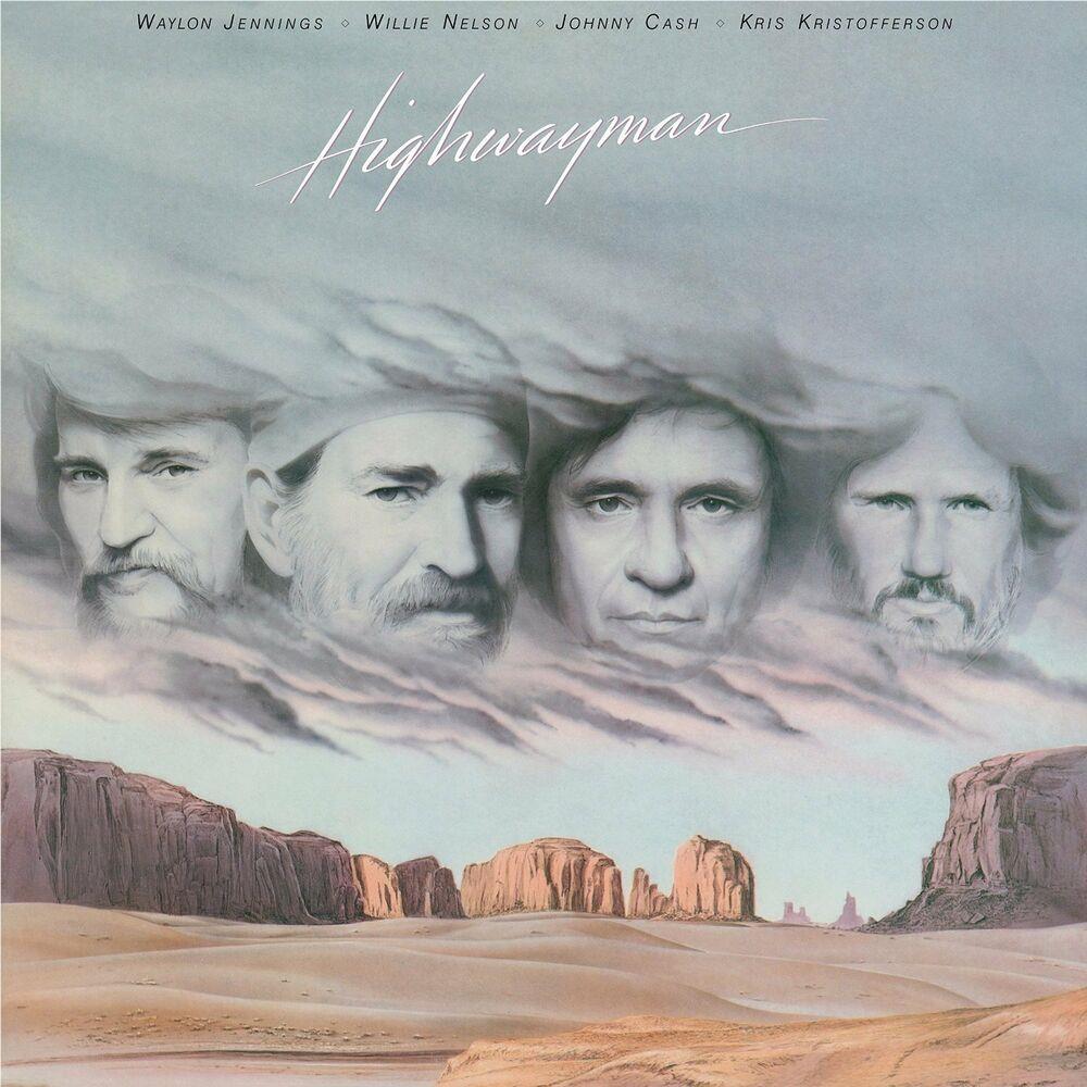 Highwaymen album cover with five black-and-white faces and desert landscape illustration