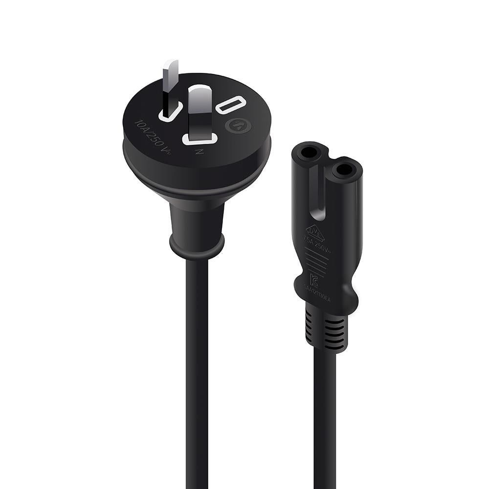 Black 2-pin mains plug to IEC C7 power cable connector ends
