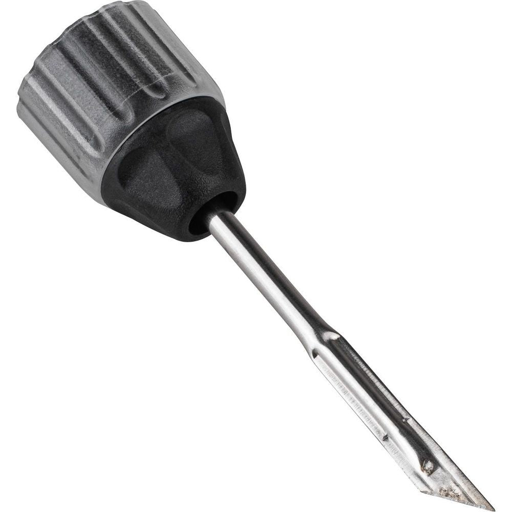 Hot knife spare tip with pointed metal end and ridged grey housing