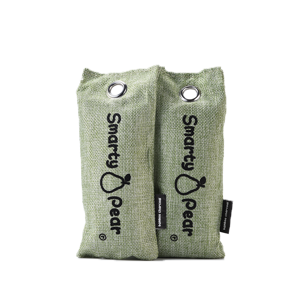 Pair of green fabric Smelly Loo air freshener pouches with round grommets