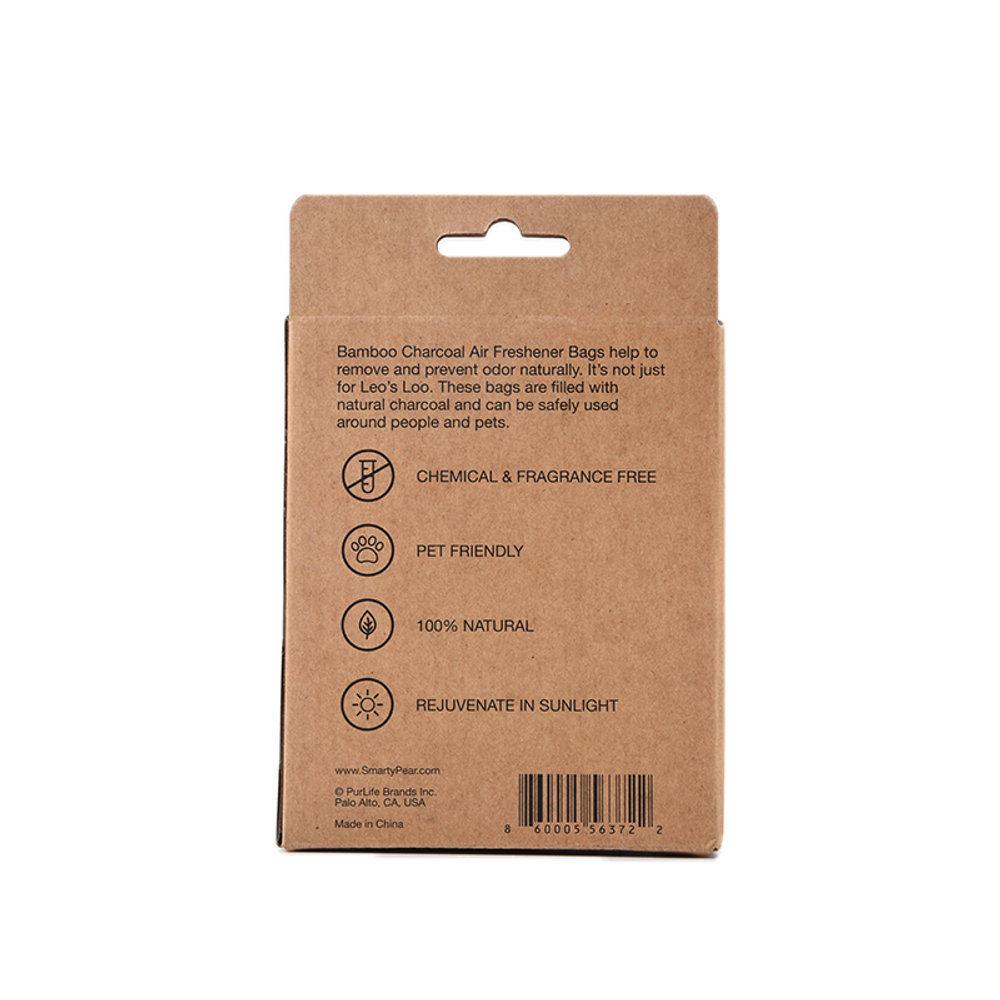 Back of bamboo charcoal air freshener bags package with icons and product details