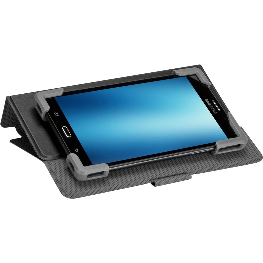 Black tablet case stand holding a tablet in landscape with corner grips