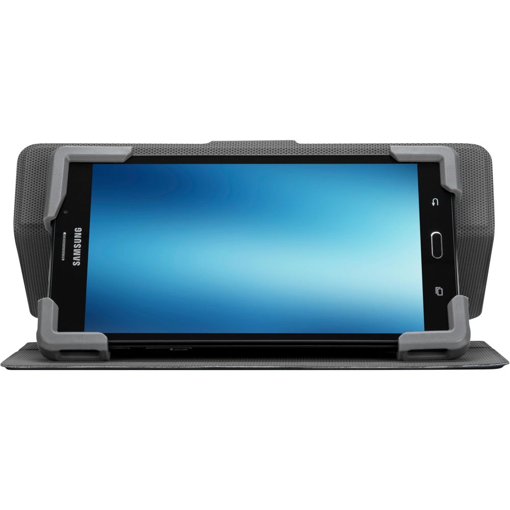 Black tablet folio stand holding a tablet in portrait with kickstand support