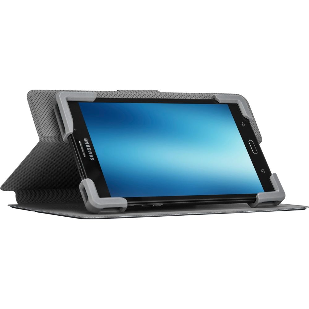 Black folio tablet case on table with kickstand and corner protection