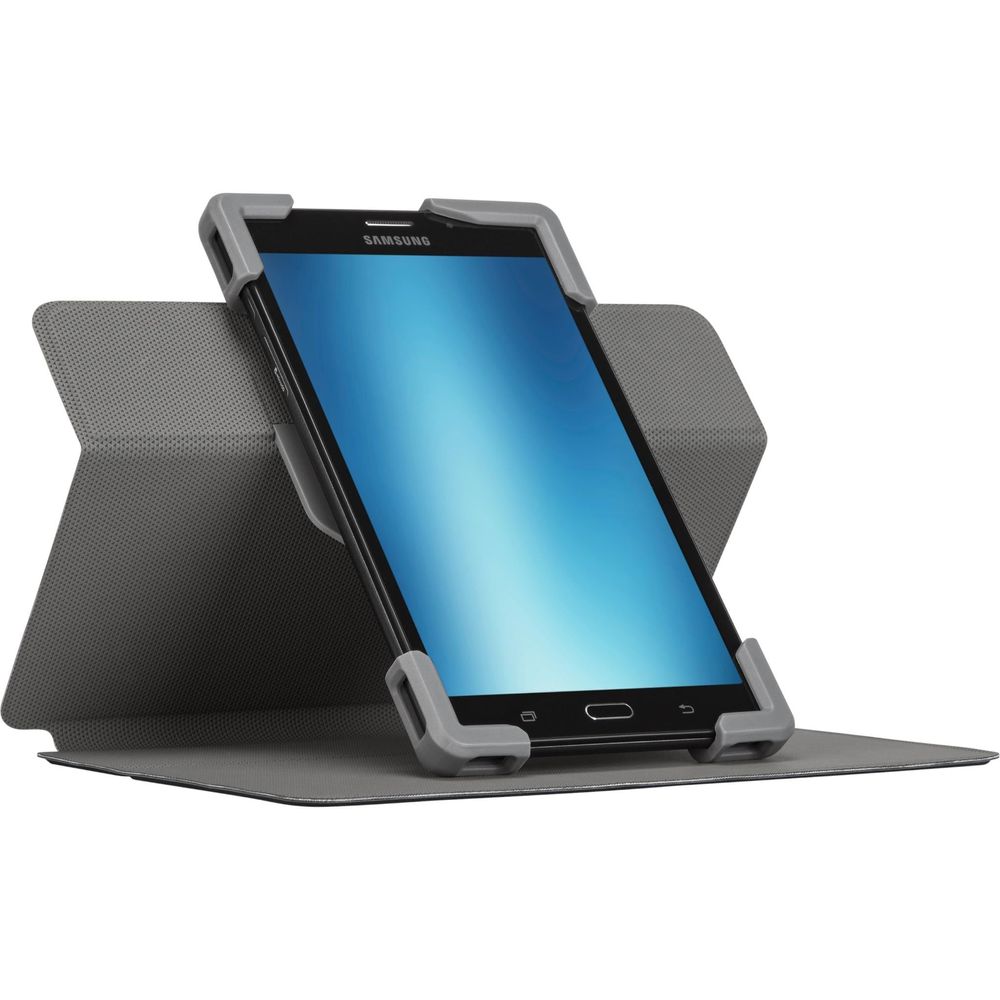 Black tablet case folio with textured back and adjustable stand for portrait