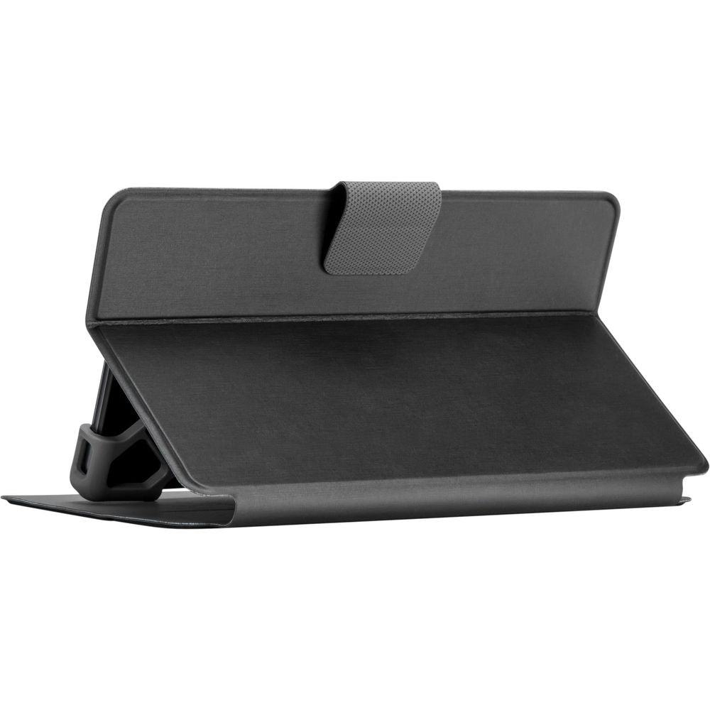 Black tablet case folio with front flap and fabric-textured back panel