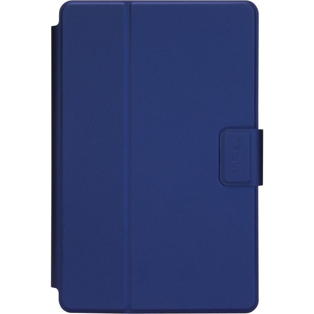 Blue universal tablet case with magnetic flap and rear latch detail