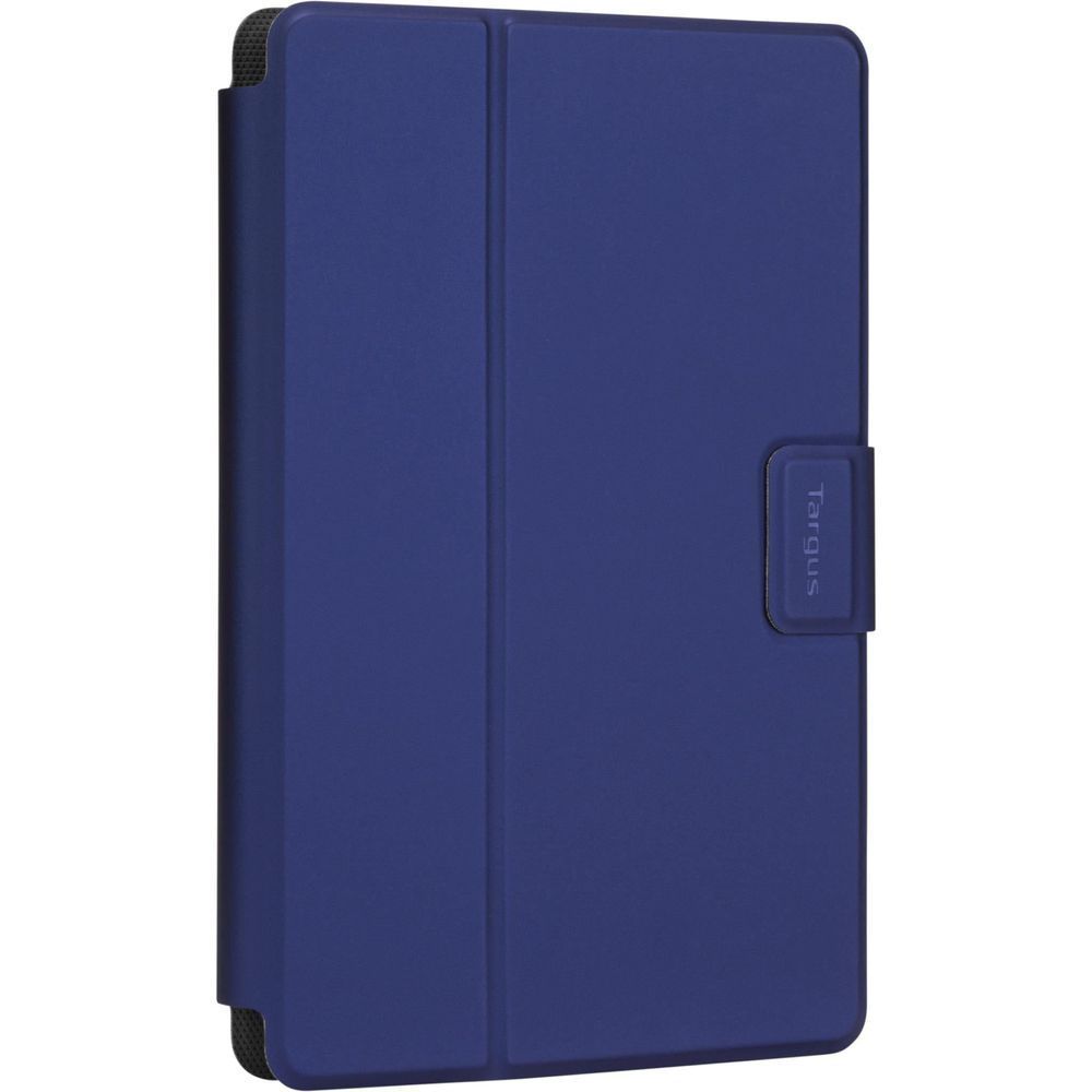 Blue universal tablet case with rear latch and textured side opening