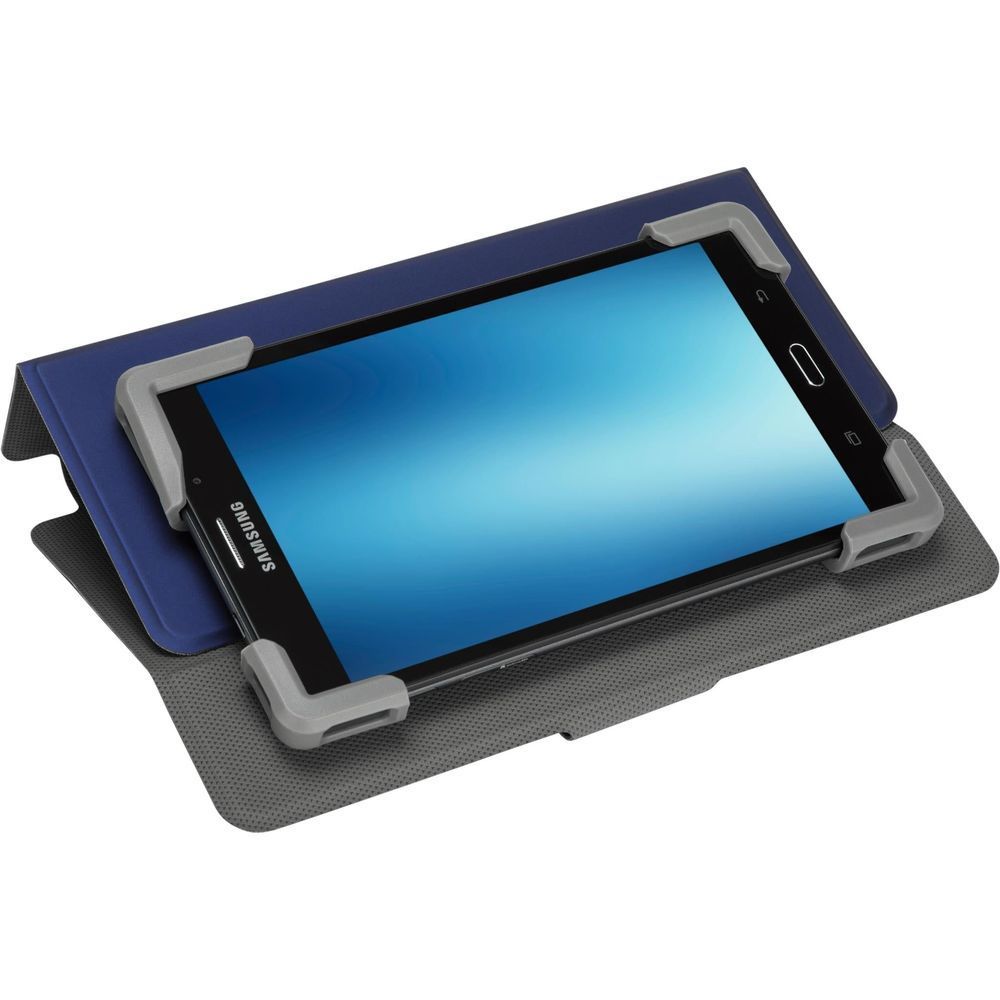 Blue universal tablet case supporting a tablet in landscape viewing position