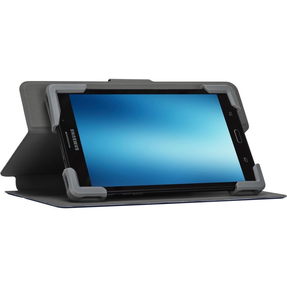 Blue universal tablet case in landscape stand position with tablet secured
