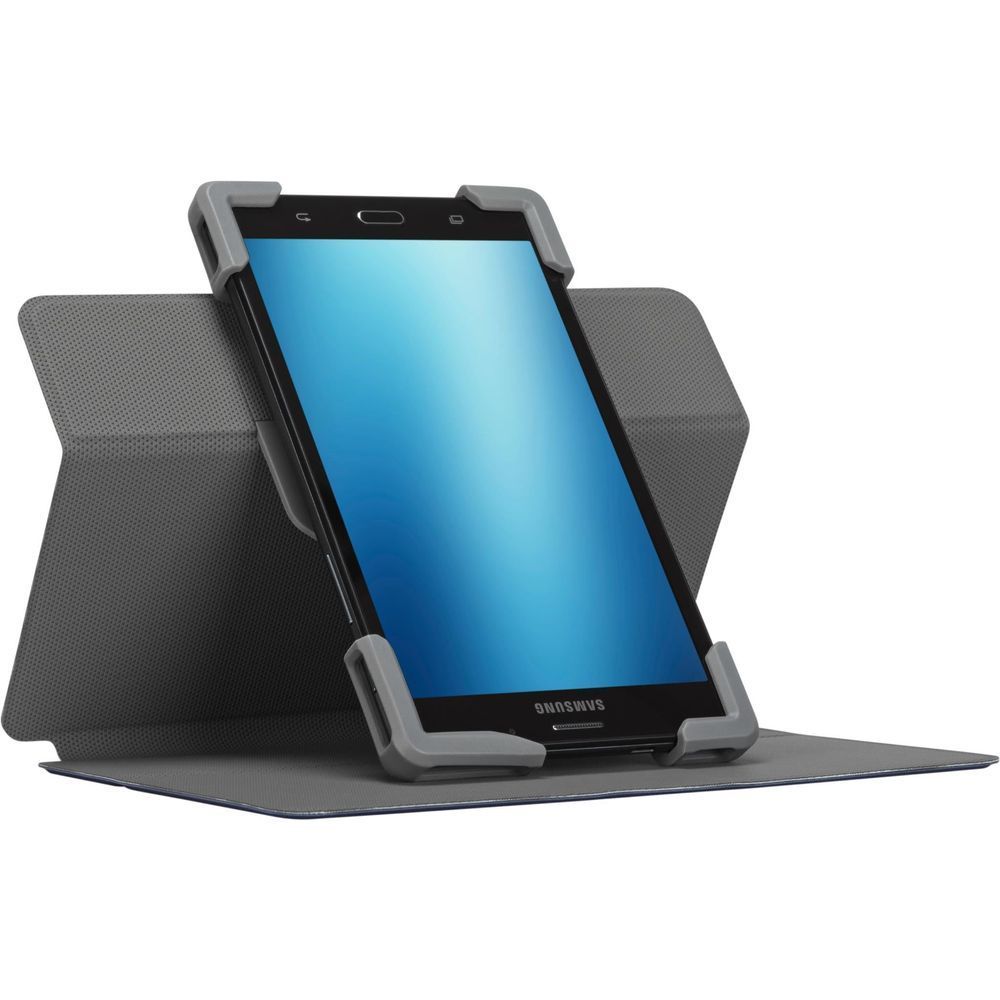 Blue universal tablet case supporting a tablet in portrait stand position