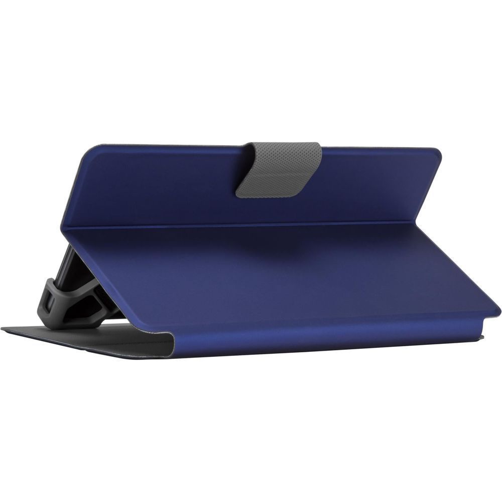 Blue folio tablet case with stand flap and textured grip band