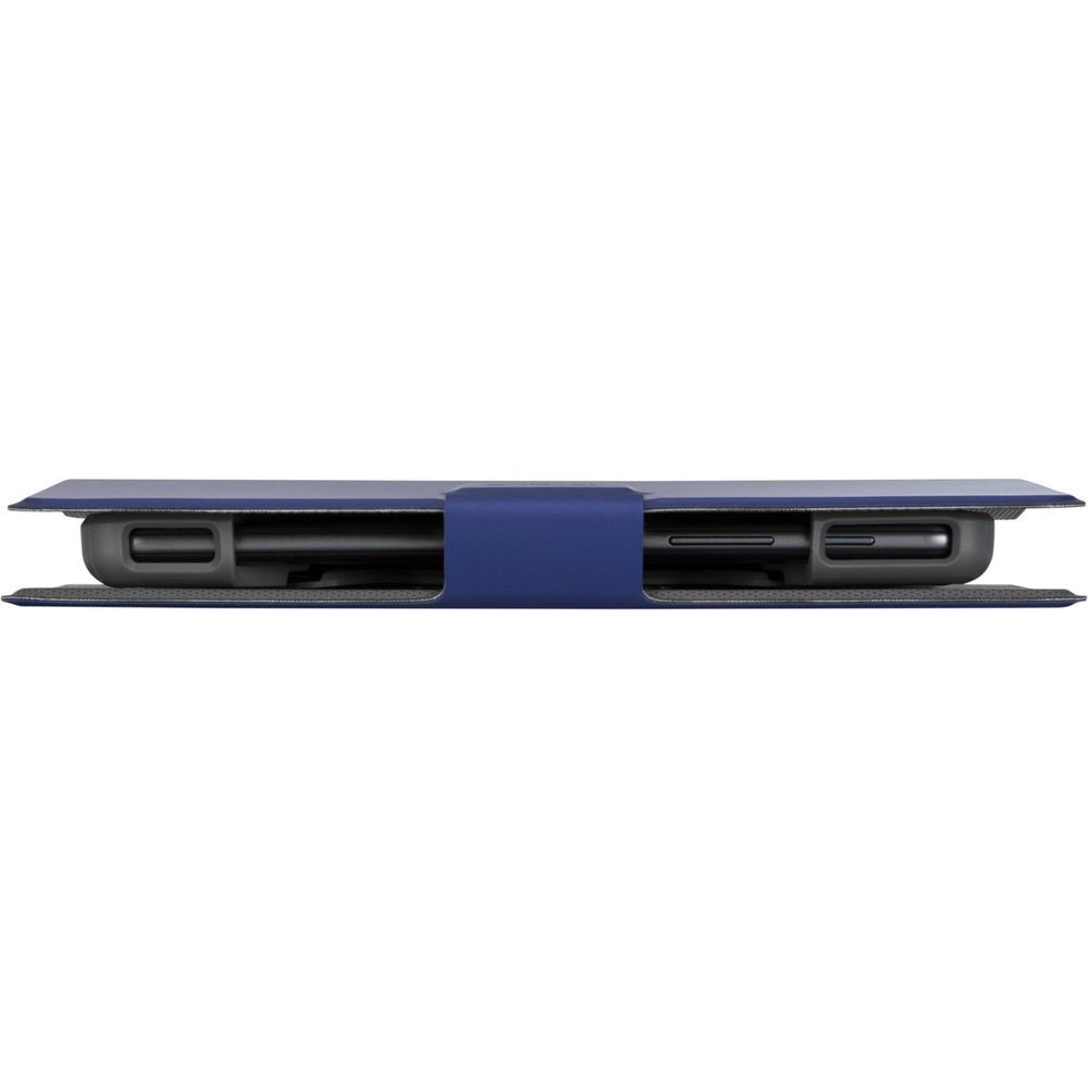 Blue tablet case bottom view with cutouts for ports and speaker