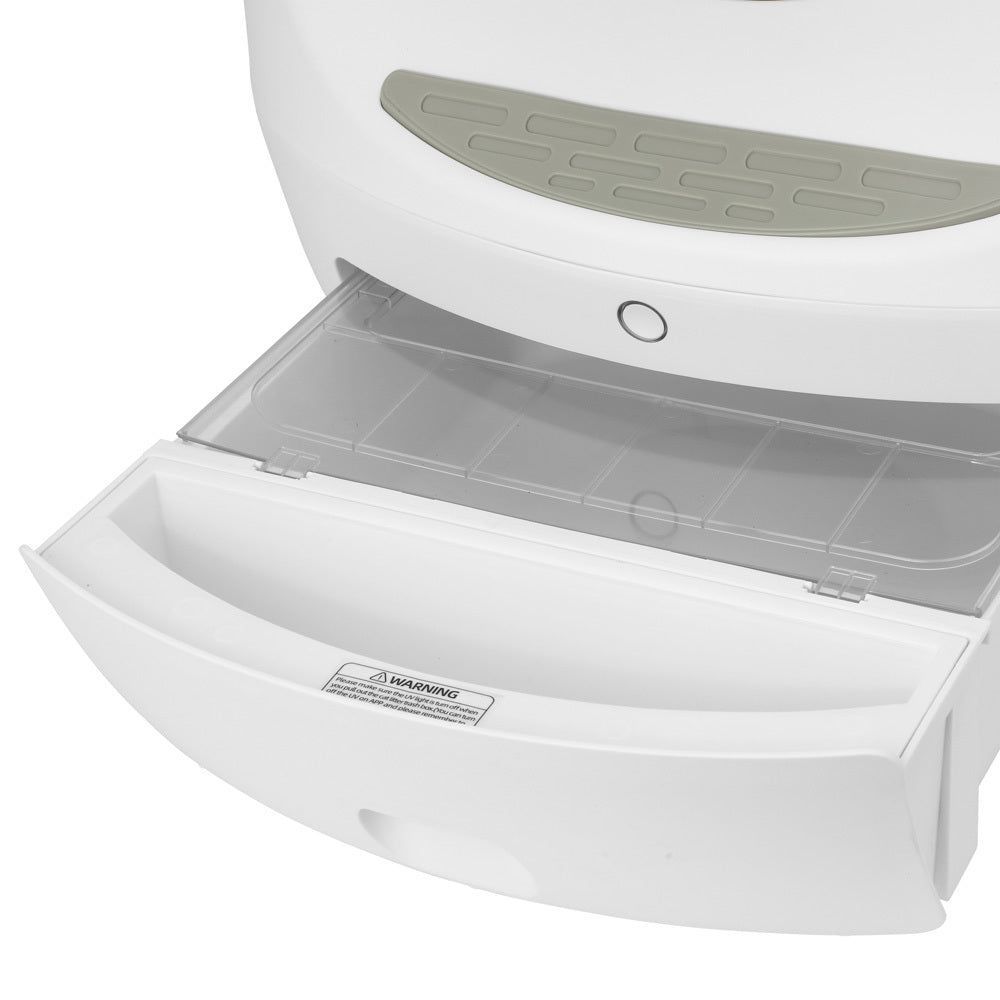 White pet litter box with open waste drawer and gray textured ramp