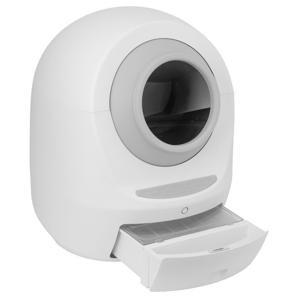 White covered pet litter box with open front drawer and gray rim