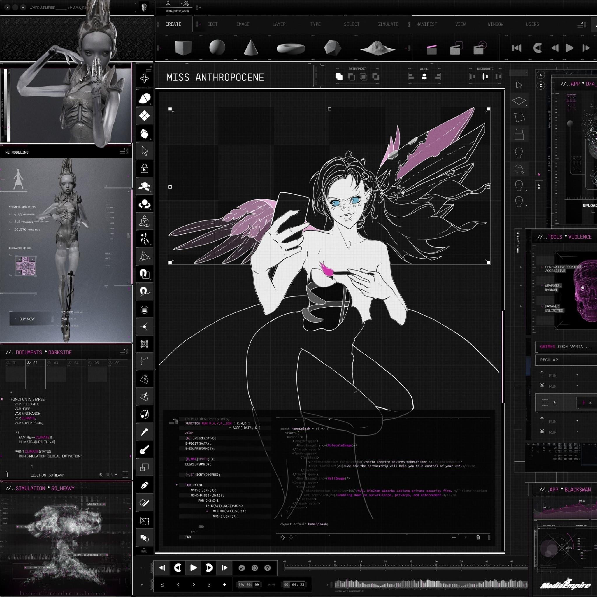 Stylized graphic art print featuring a white and purple anime-like character on dark