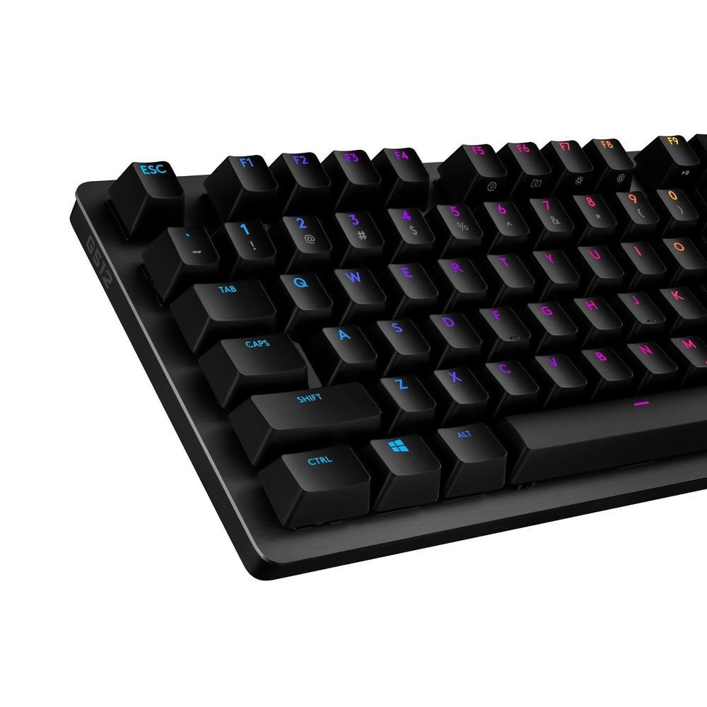Carbon black keyboard close-up with sculpted keycaps and multicolor RGB legends