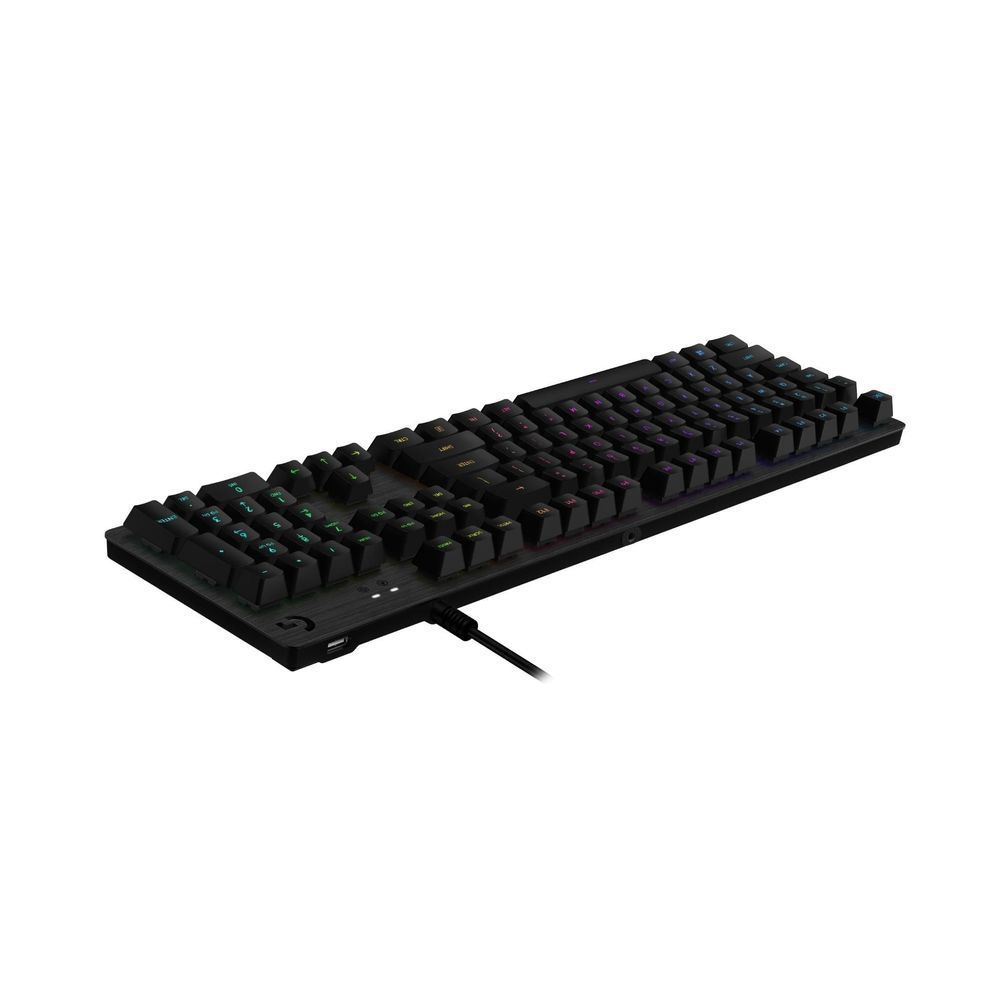 Carbon black mechanical keyboard with multicolor RGB backlit keys and USB cable, wide angle