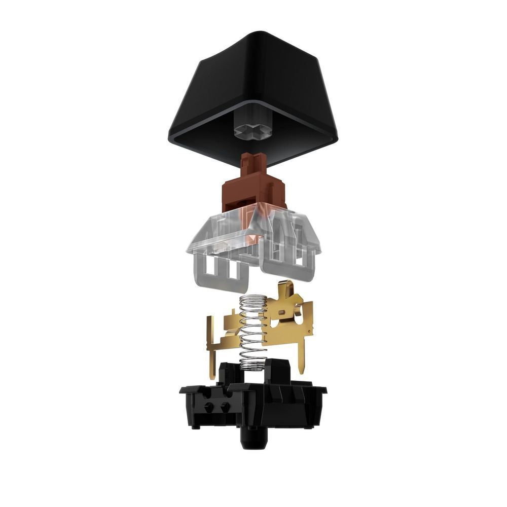Exploded view of a mechanical switch with brown stem and LED components