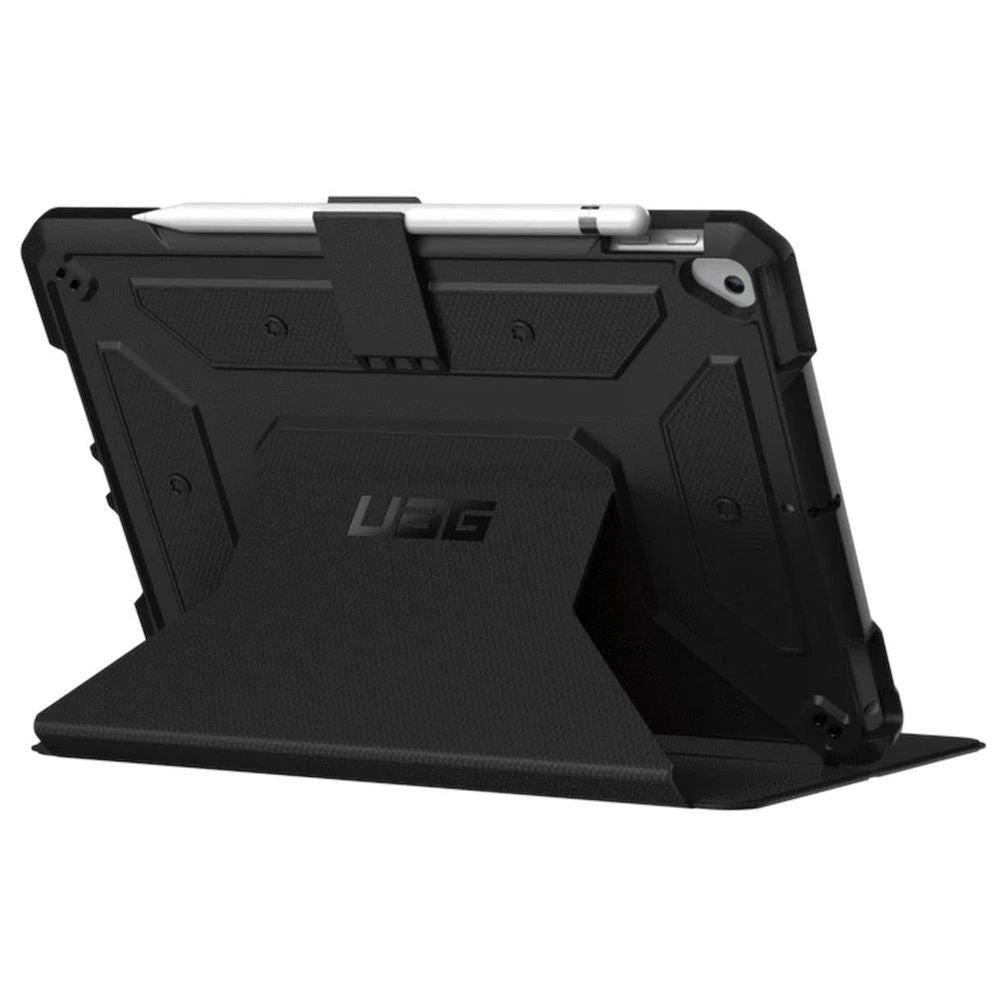 Black UAG Metropolis iPad case with built-in folio kickstand, angled view
