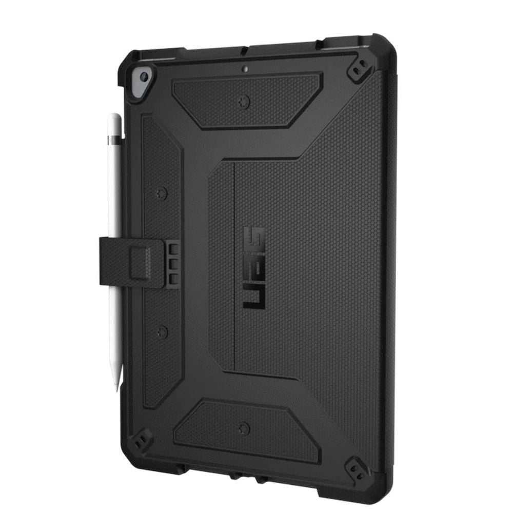 Black UAG Metropolis iPad case back with textured armor and side strap