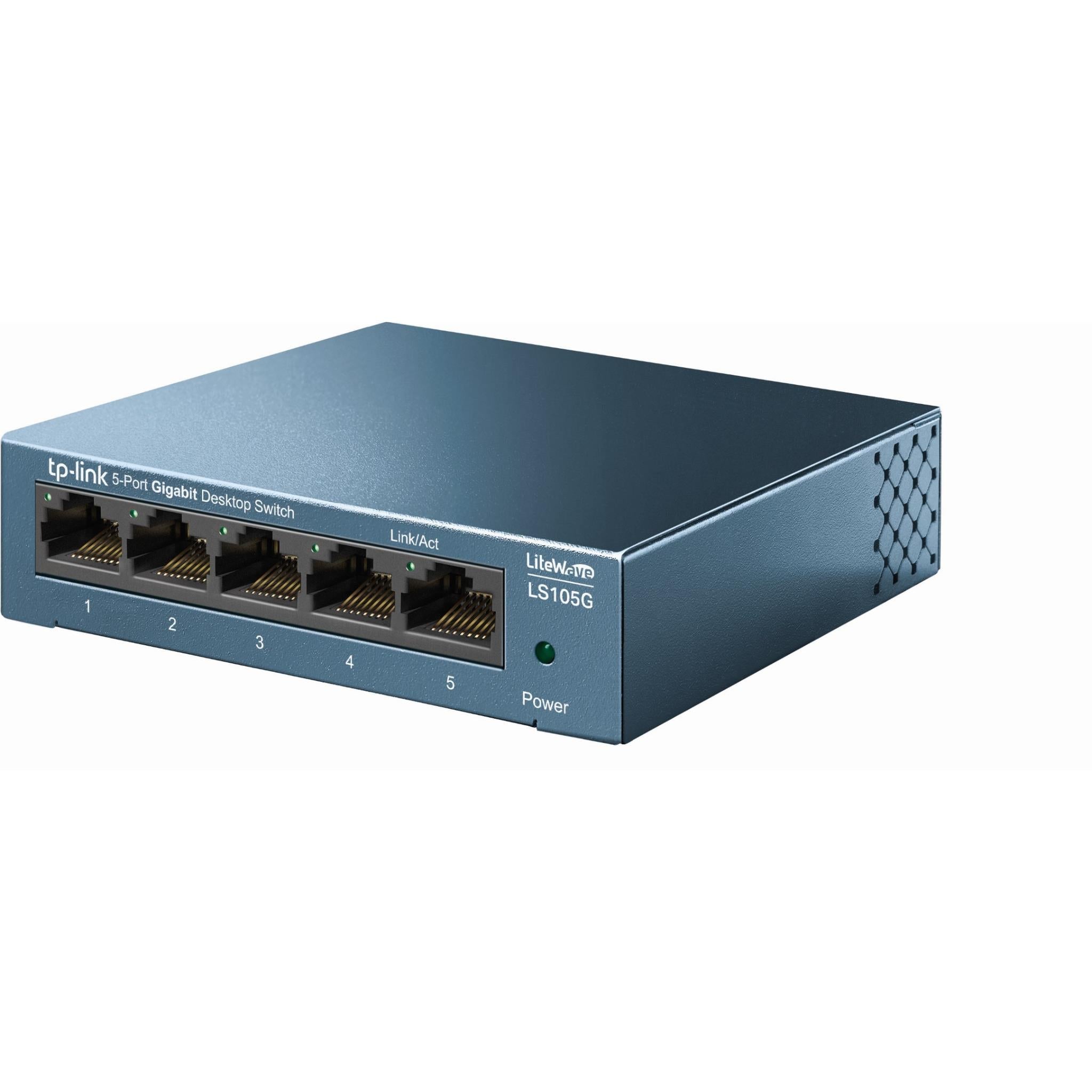 Metal 5-port gigabit desktop Ethernet switch with RJ45 ports and vented side