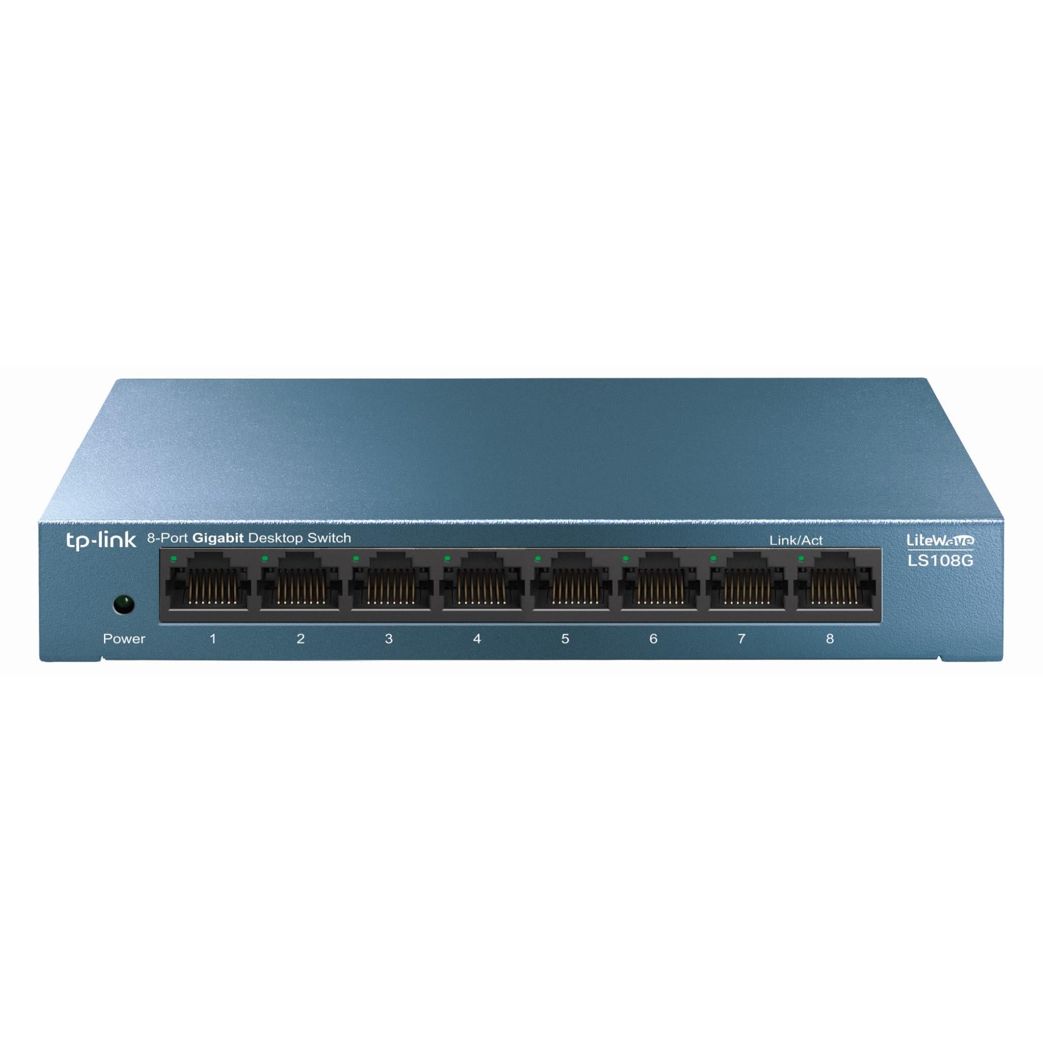 TP-Link LS108G metal 8-port gigabit desktop switch with 8 RJ45 ports and Link/Act LEDs