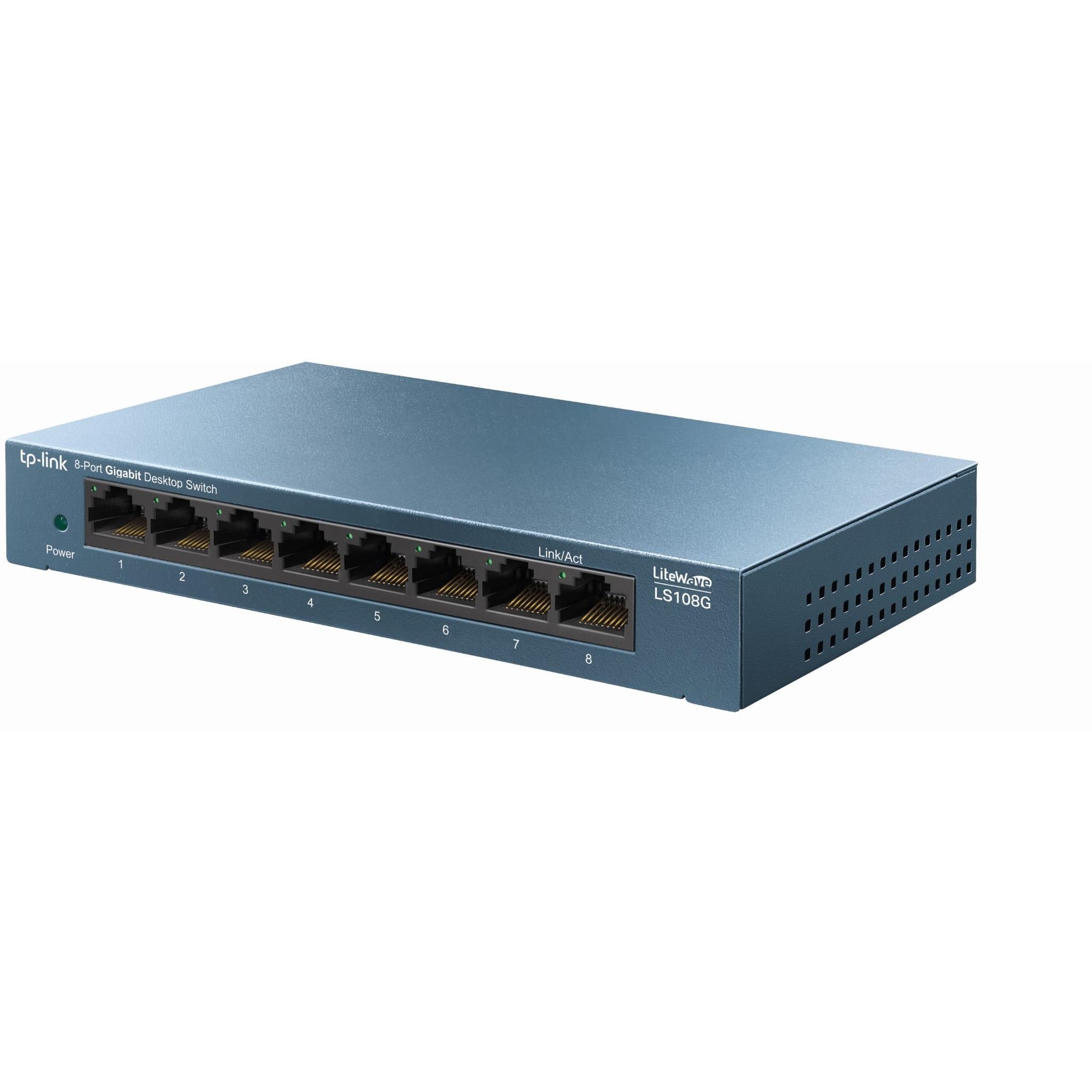 TP-Link LS108G metal 8-port gigabit desktop switch showing RJ45 ports and side ventilation slots