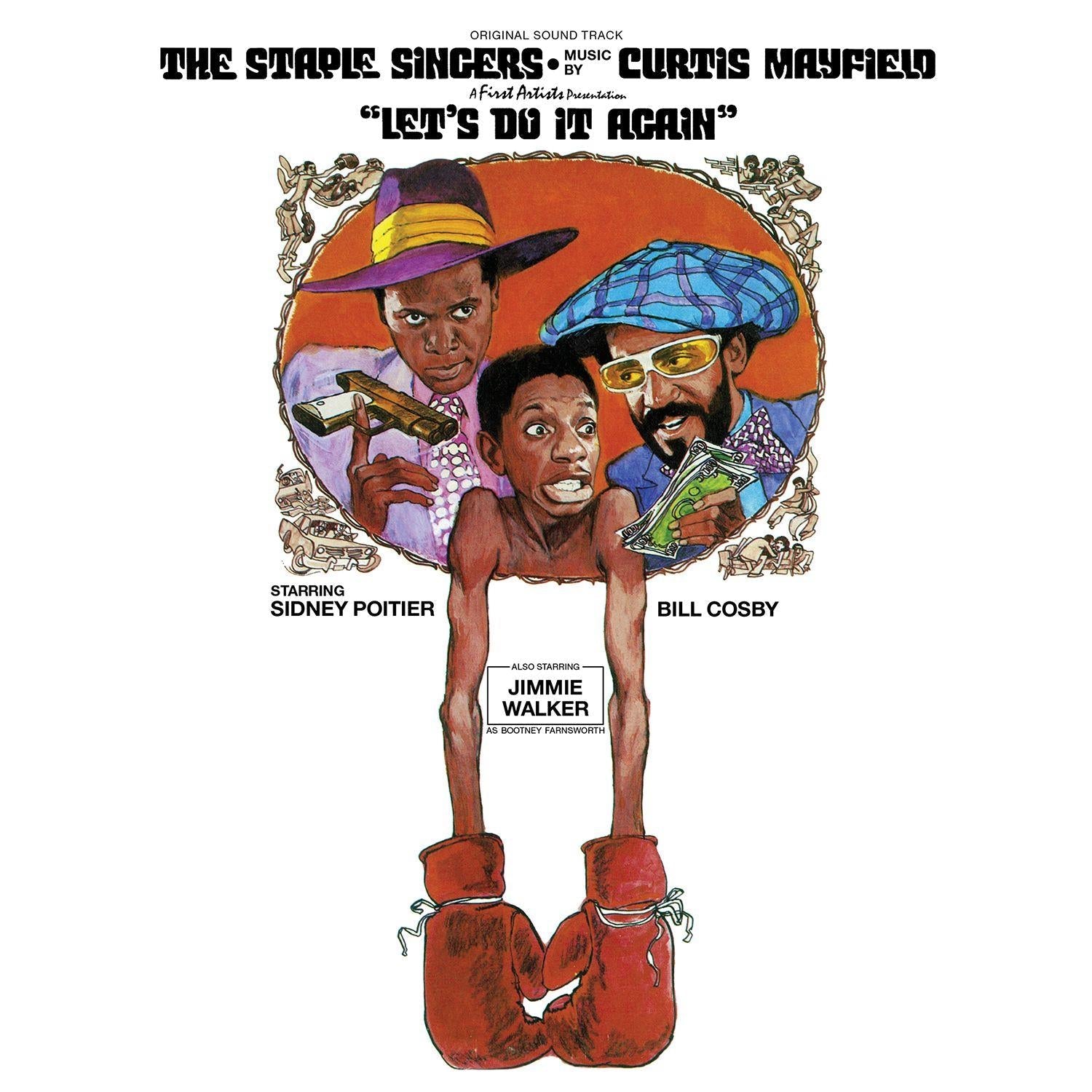 Soundtrack album cover with colorful illustrated figures wearing hats and suits