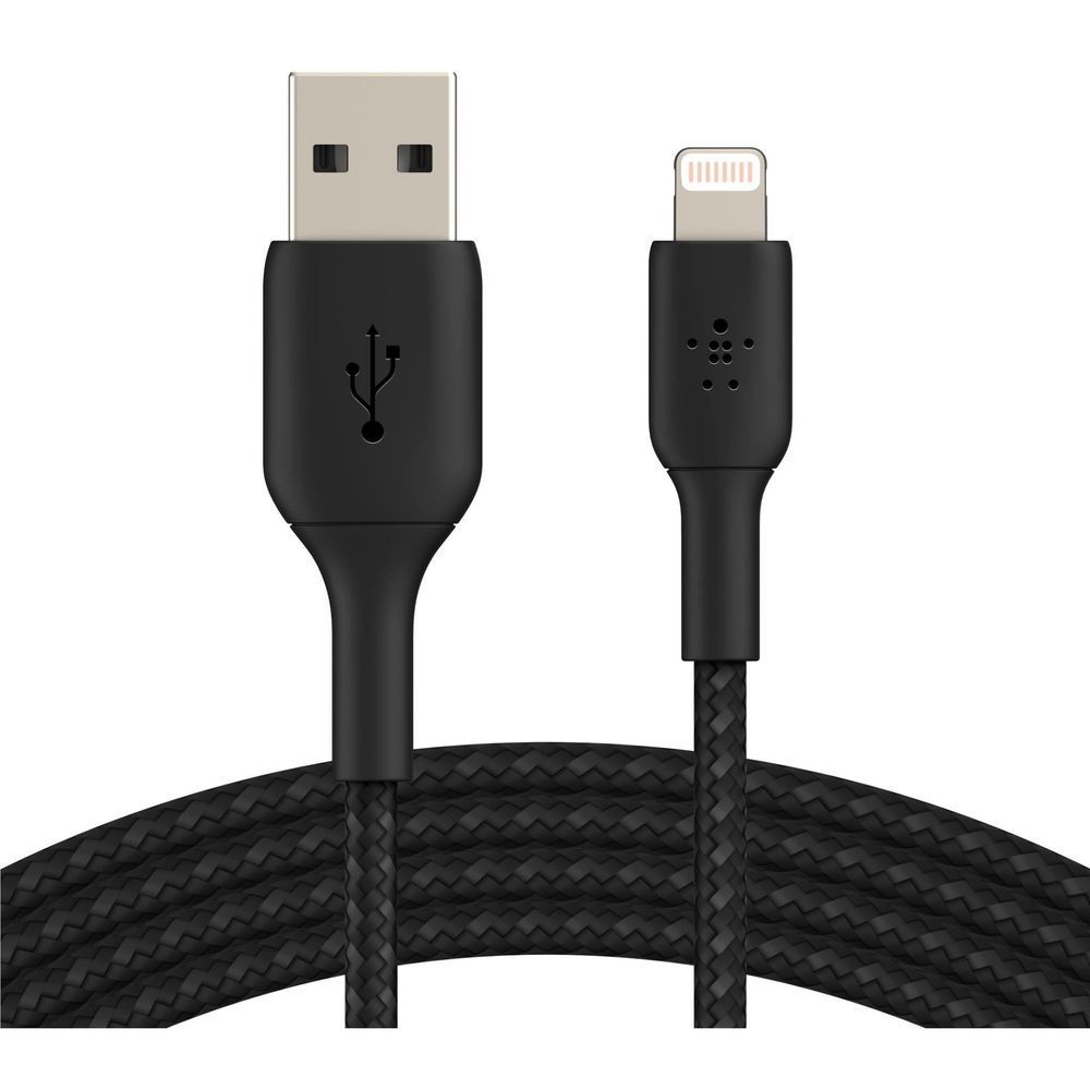 Black braided Lightning to USB-A cable, connectors and braided midsection visible