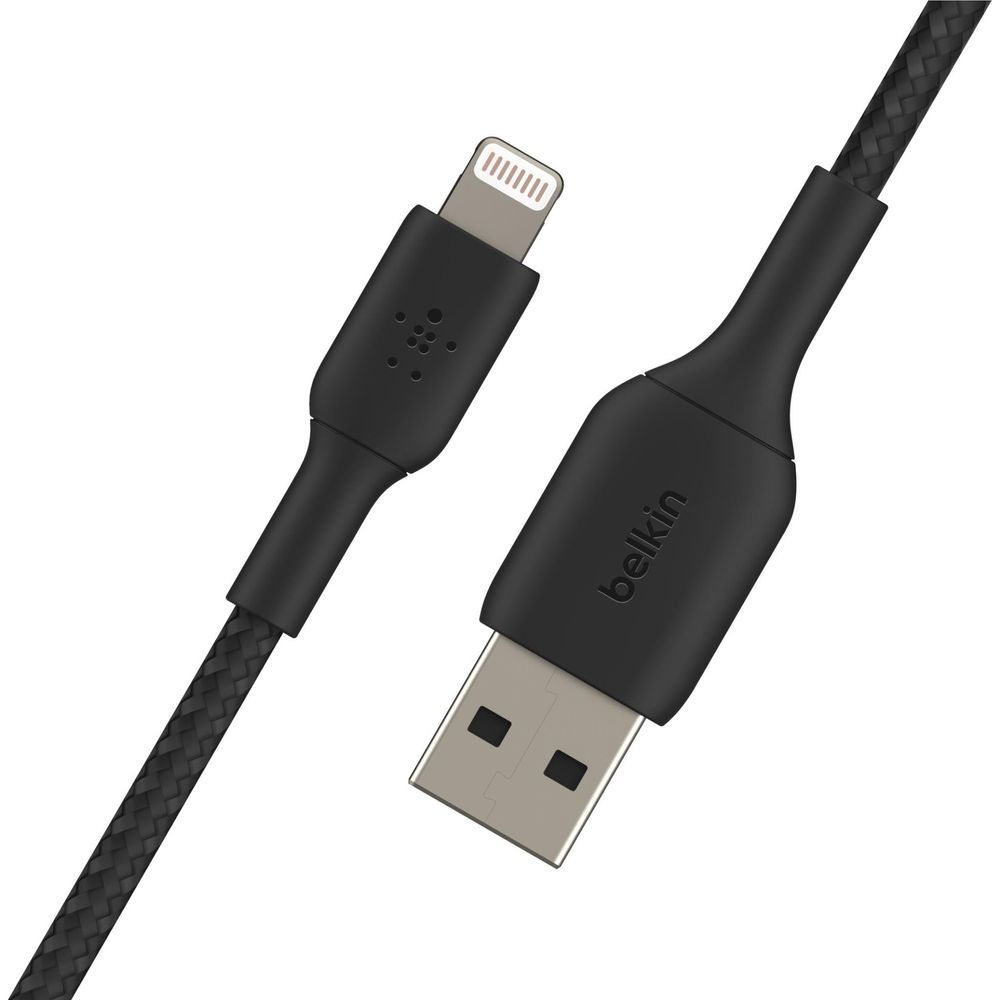 Black braided Lightning to USB-A cable with Lightning plug and USB-A plug, Belkin