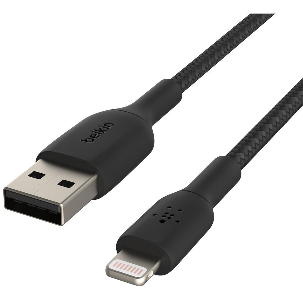 Black braided Lightning to USB-A cable, USB-A and Lightning ends shown at angles