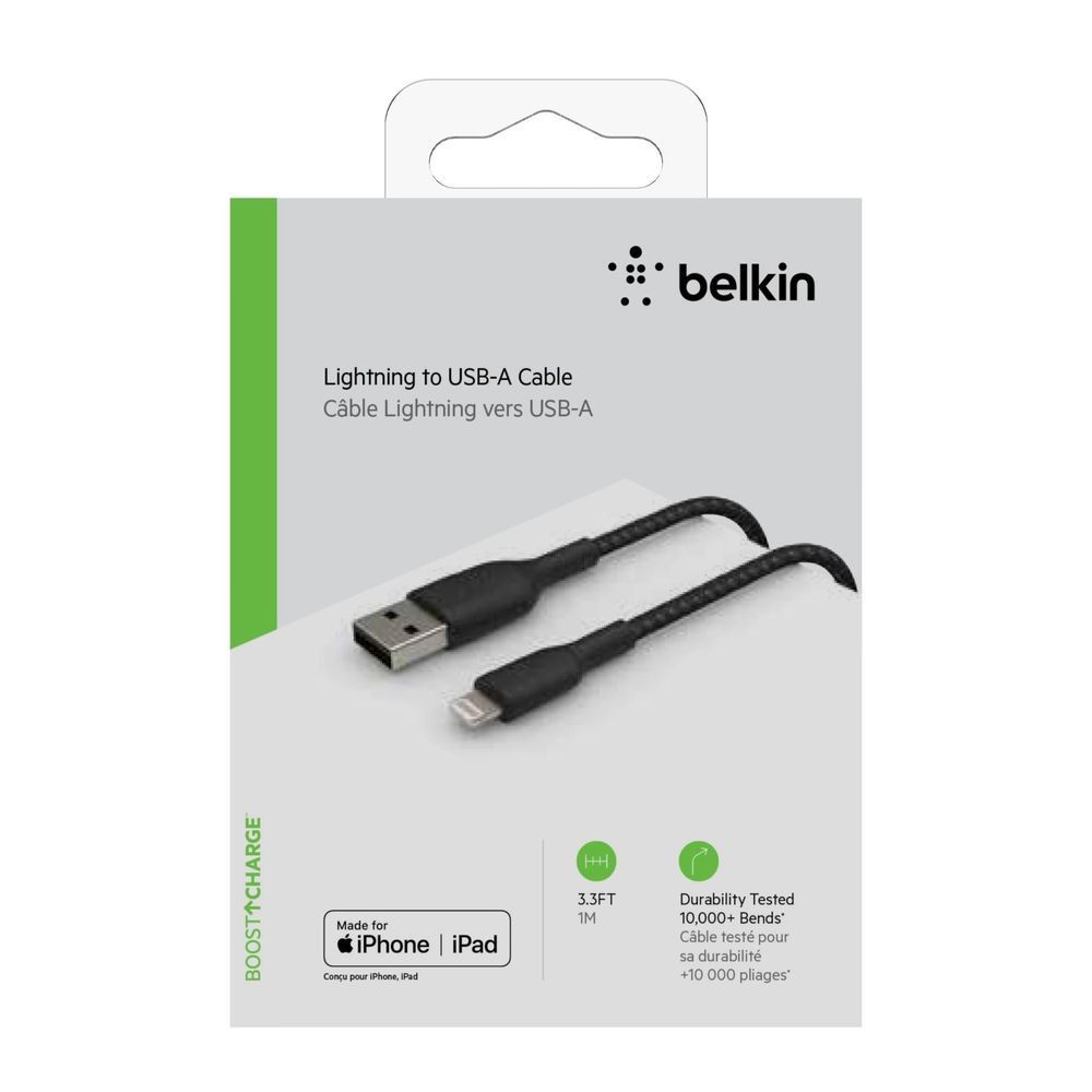 Belkin retail box for Lightning to USB-A cable with pictured cable and 3 ft length