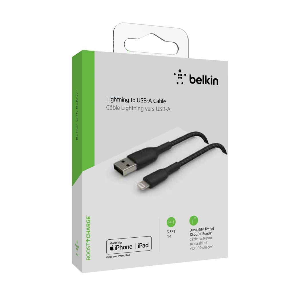 Belkin Lightning to USB-A cable retail packaging with pictured cable set