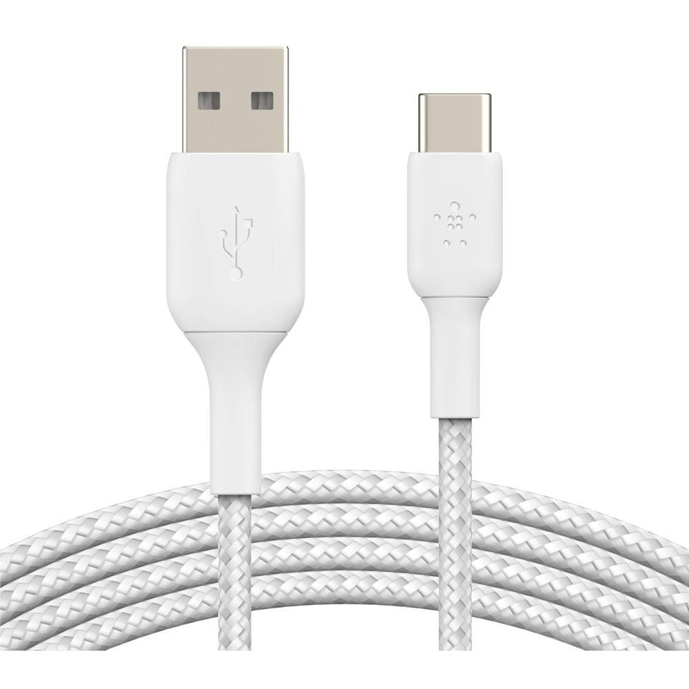 White braided USB-A to USB-C cable with both ends standing upright