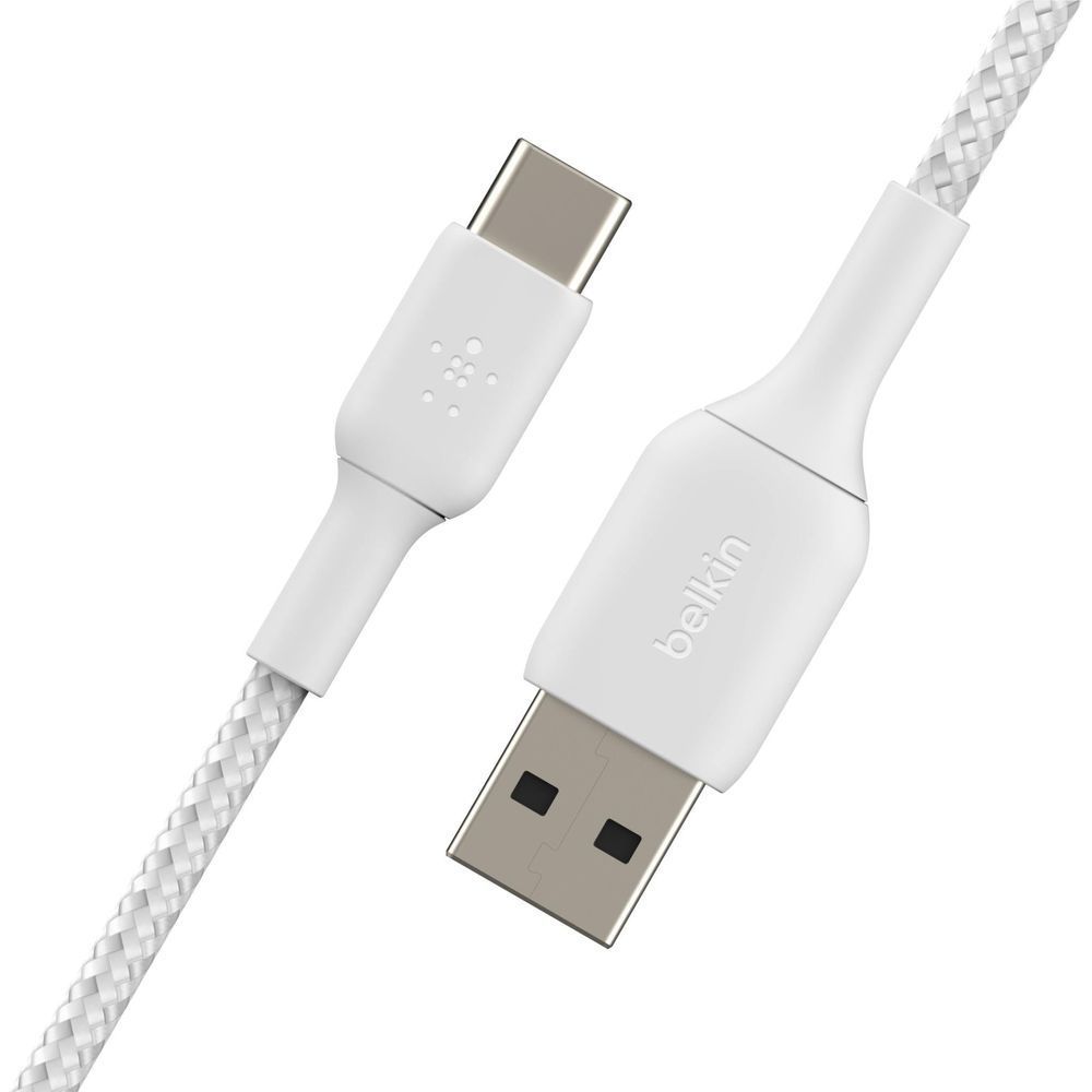 Belkin white braided USB-A to USB-C cable, close-up of both plugs