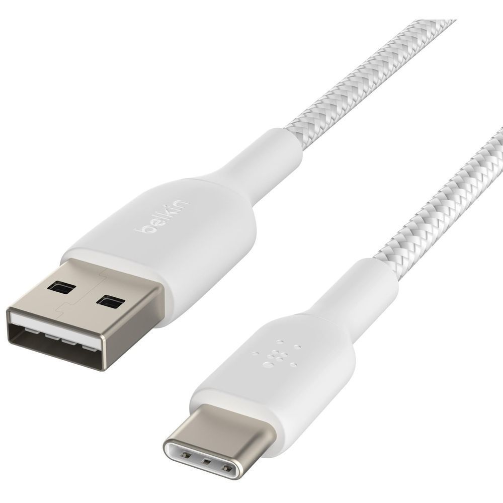 Belkin braided USB-A to USB-C charging cable, white, showing both connector ends