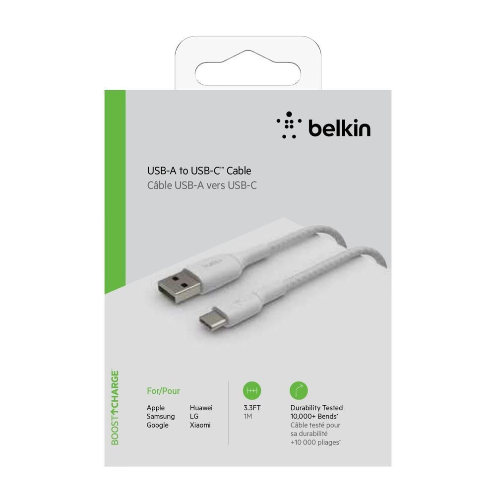 Belkin USB-A to USB-C cable blister pack, with white braided cable and two plugs