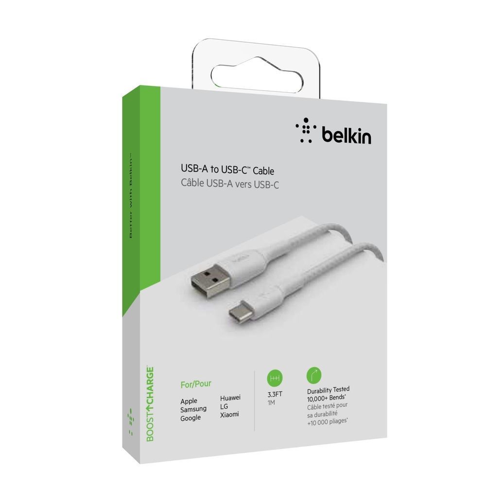 Belkin USB-A to USB-C cable retail box showing white braided cable and connectors