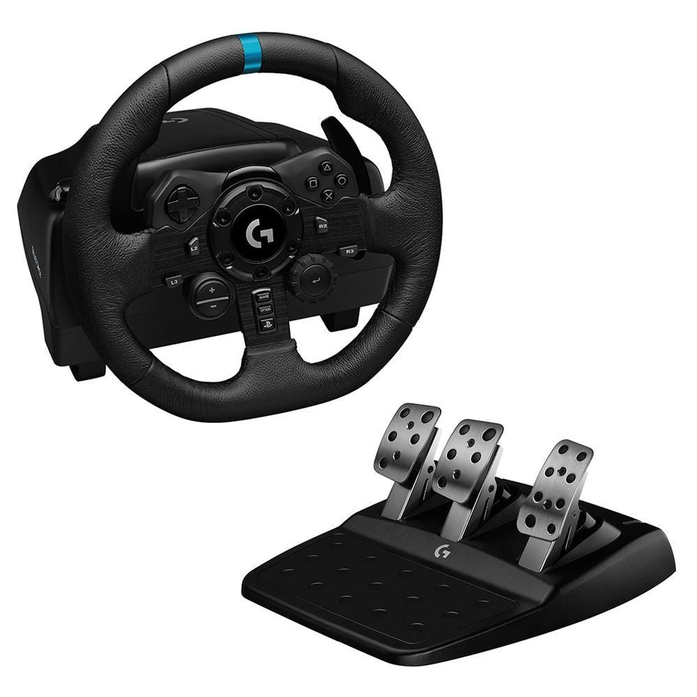 Logitech G923 racing wheel with stand; black leather wheel with blue center stripe and metal pedals