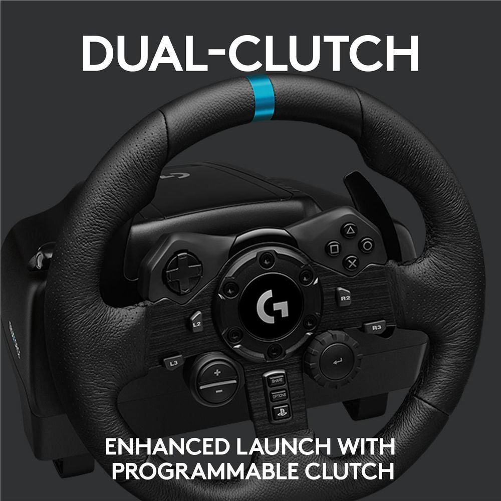 Logitech G923 steering wheel close-up, textured black grip with blue center stripe and buttons