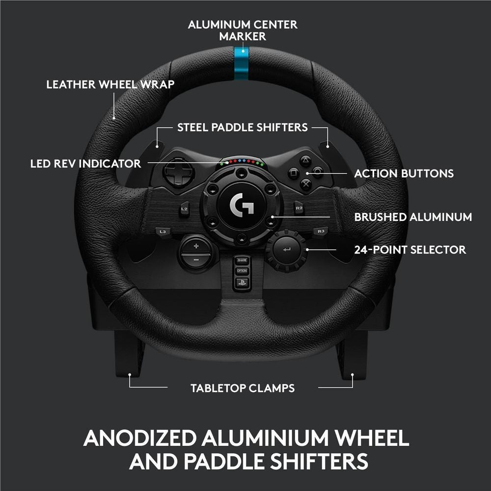 Logitech G923 steering wheel with leather wrap, brushed aluminum center, blue marker stripe