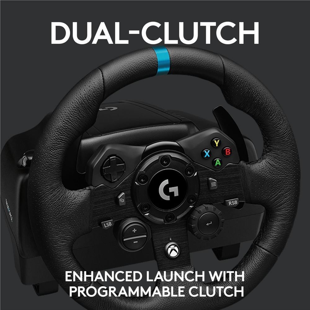 Dual-clutch steering wheel with black leather rim and blue center accent band