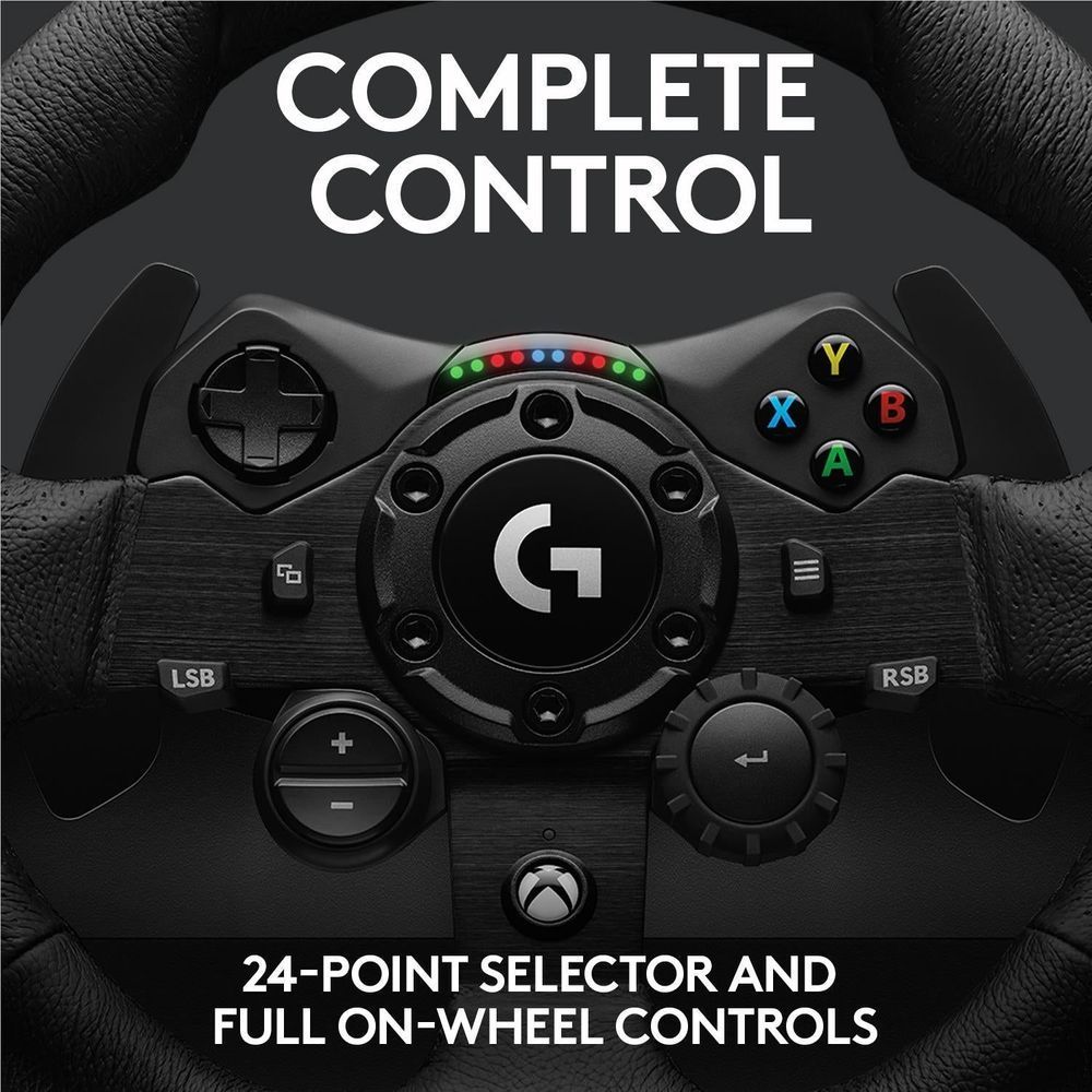 Steering wheel with G logo and colored A/B/X/Y buttons for racing controls
