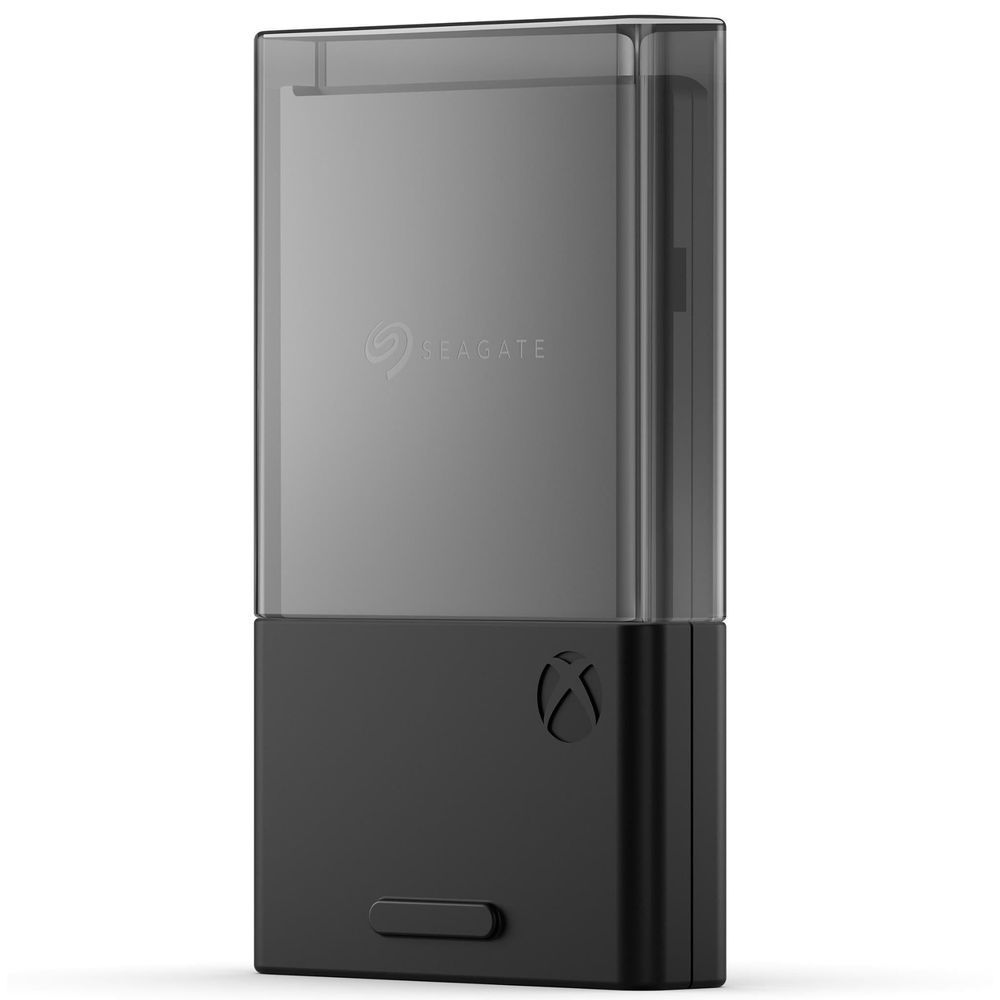 Seagate 1TB storage expansion card for Xbox, dark gray, angled front view